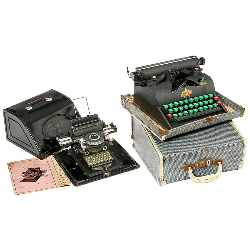 2 Tin Toy Typewriters 1) ""GSN Junior"", c. 1925. Manufacturer: Schmidt Brothers, Stein/Nuremberg,