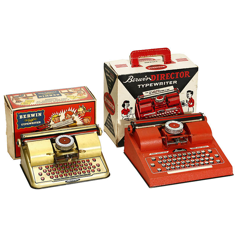 2 Tin Toy Typewriters by Berwin Corp., USA 1) ""Director Typewriter"". With instructions and