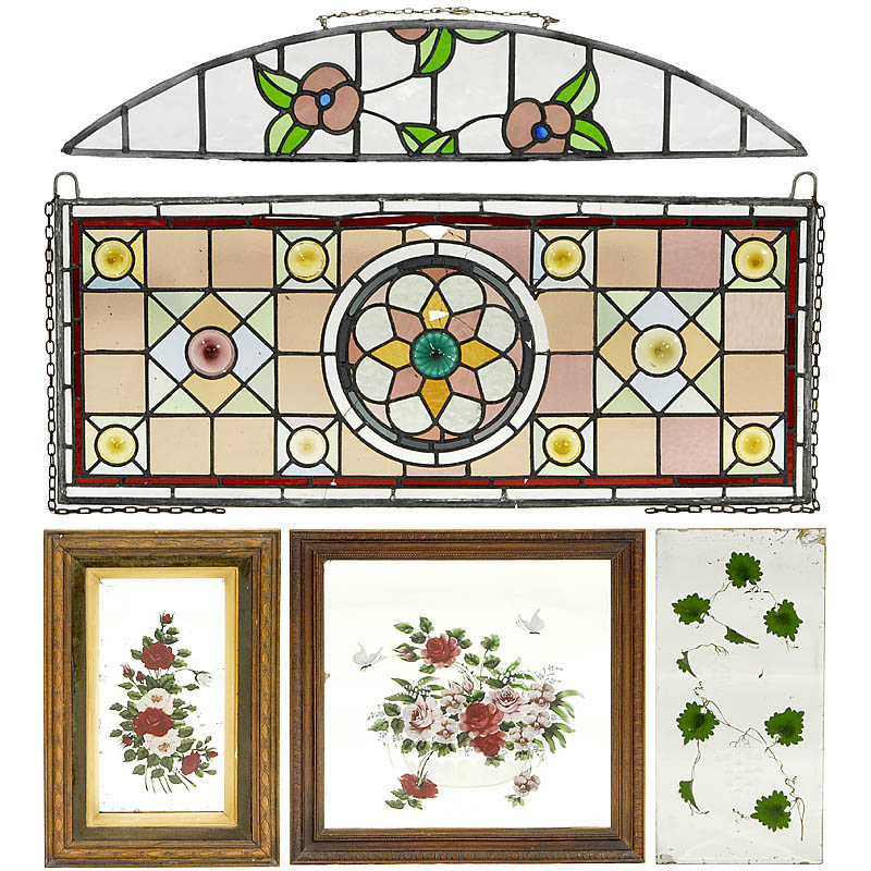 3 Mirrors and 2 Leaded Window Panes, c. 1910 1) 3 mirrors, hand-painted flowers and ornaments,