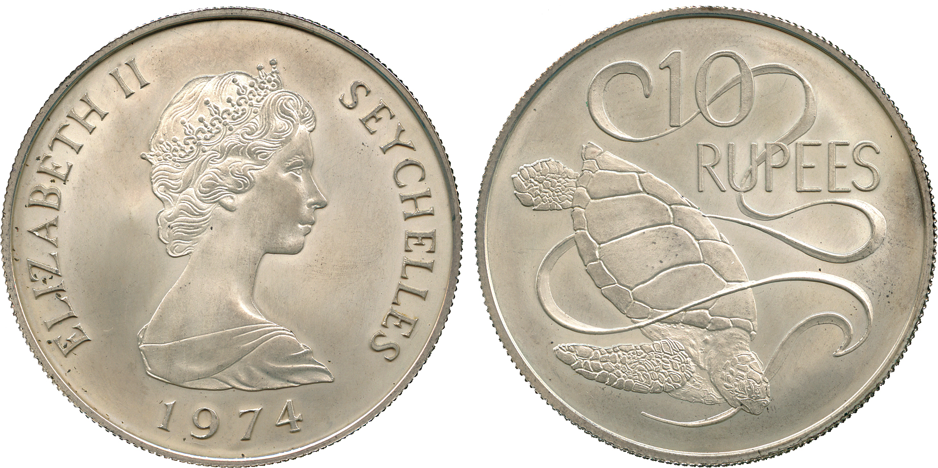 † AFRICA. Seychelles. Elizabeth II, Silver Matte Proof 10-Rupees, 1974, rev green sea turtle (KM