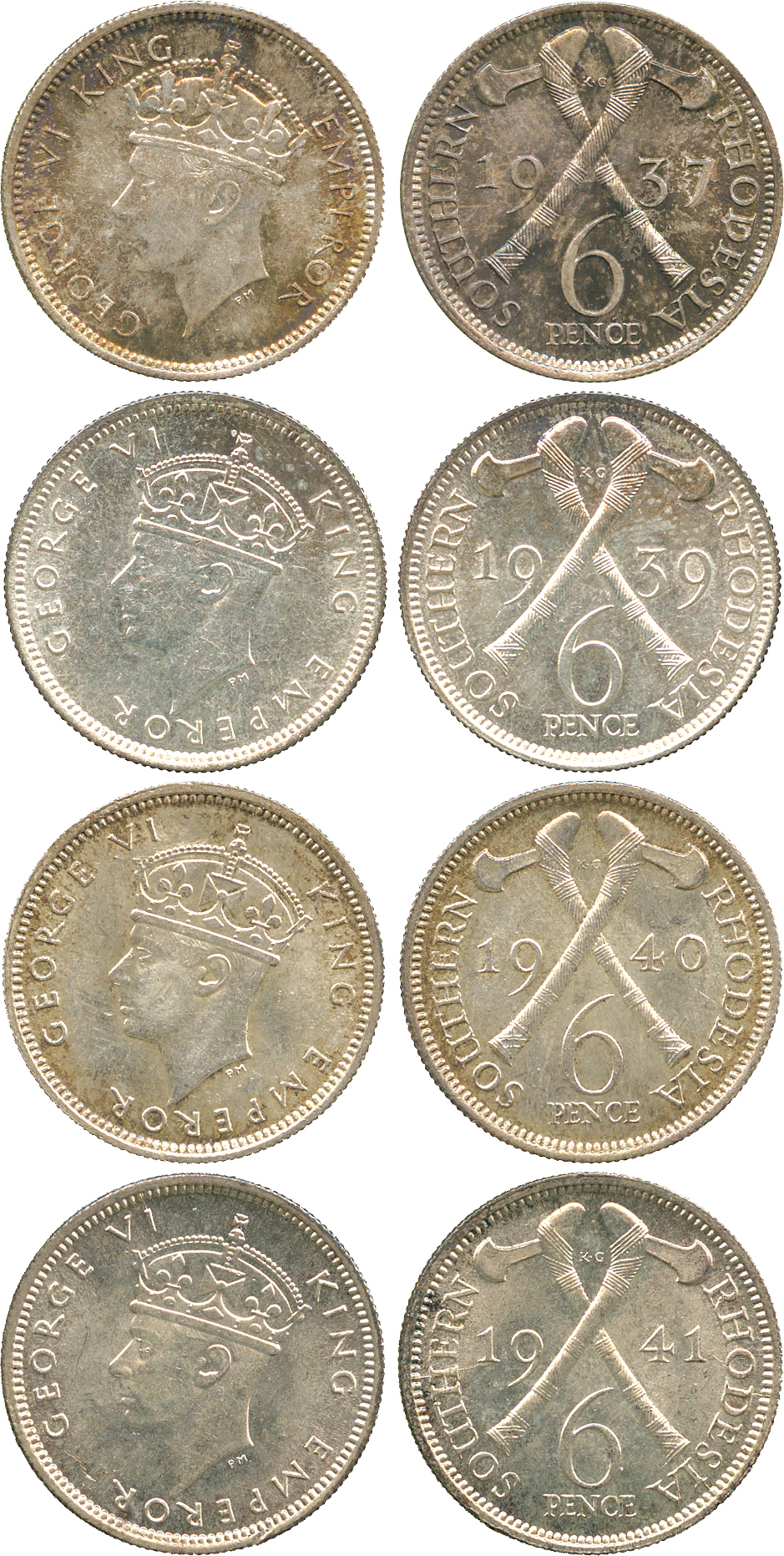 † AFRICA. Rhodesia. Southern Rhodesia. Silver 6-Pence (4), 1937, 1939, 1940, 1941 (KM 10, 17).Second