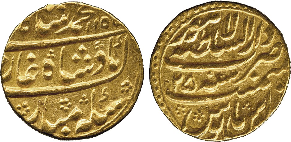 † Coins of India. Mughal. Muhammad Shah (AH 1131-1161; 1719-1748 AD), Gold Mohur, Dar al-Saltana