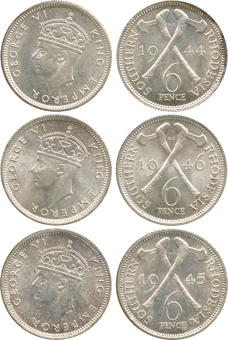 † AFRICA. Rhodesia. Southern Rhodesia. Silver 6-Pence (3), 1944, 1945, 1946 (KM 17a). Second about