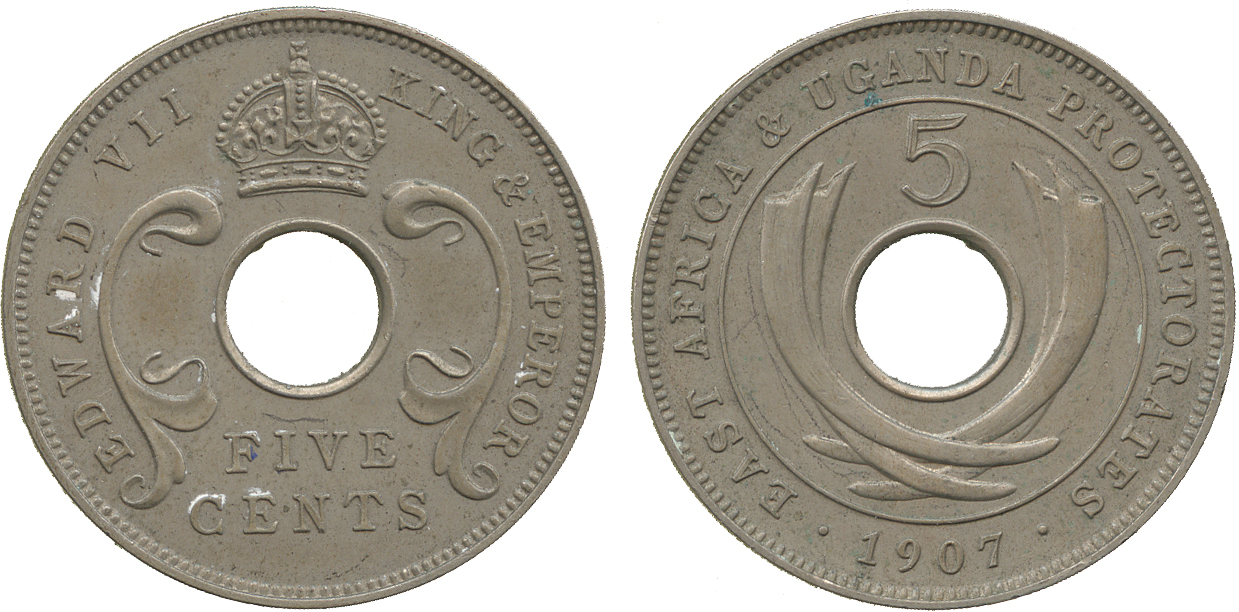 † AFRICA. East AFRICA. East Africa and Uganda Protectorates, Edward VII, Cupro-nickel 5-Cents,