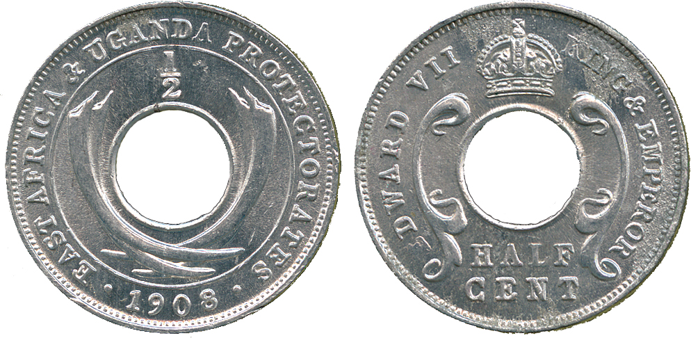 † AFRICA. East AFRICA. East Africa and Uganda Protectorates, Edward VII, Aluminium ½-Cent, 1908, one