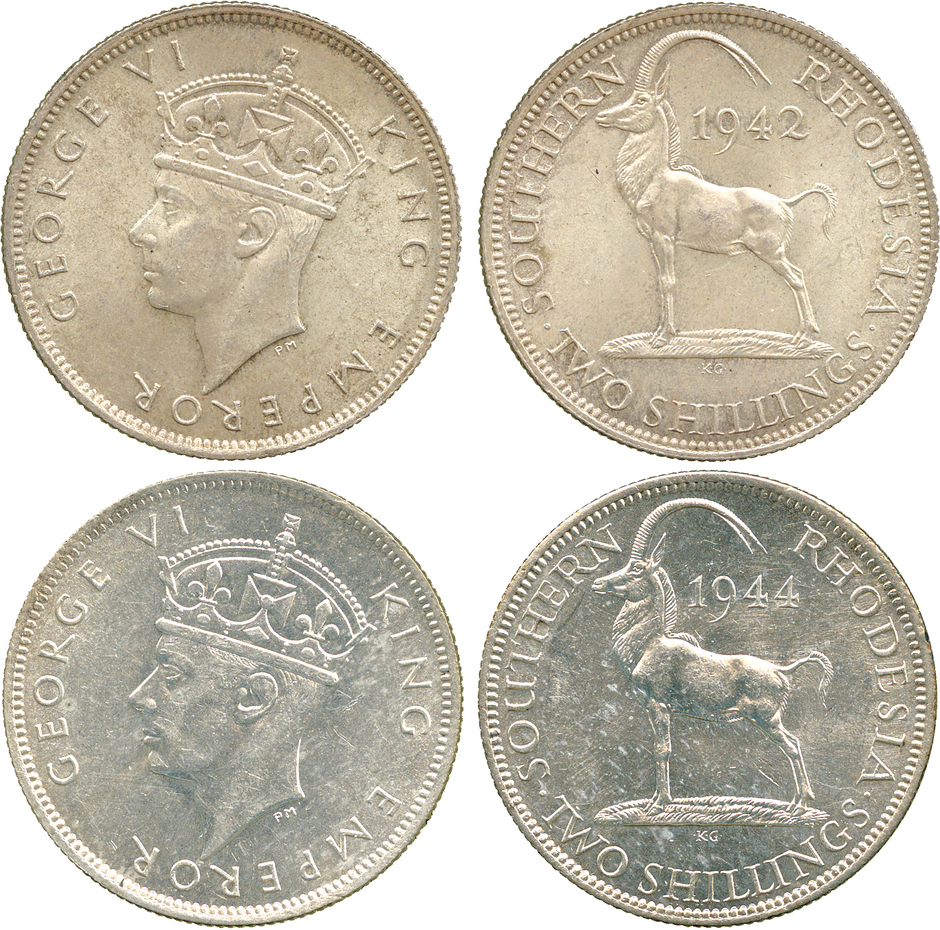 † AFRICA. Rhodesia. Southern Rhodesia. Silver 2-Shillings 1942, 1944 (KM 19, 19a). Both good