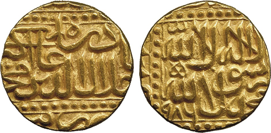 † Coins of India. Mughal. Akbar, Gold Mohur, Jaunpur, AH 986, rather dumpy flan, 10.87g (KM 108.