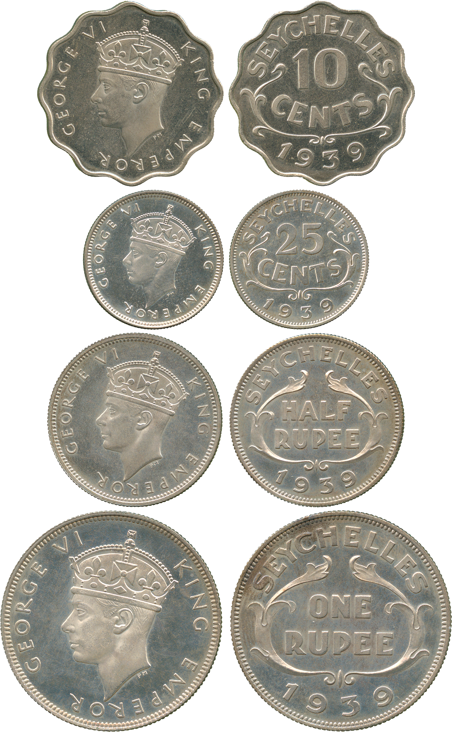 † AFRICA. Seychelles. George VI, Cupro-nickel Proof 10-Cents, 25-Cents, ½-Rupee and Rupee, 1939 (