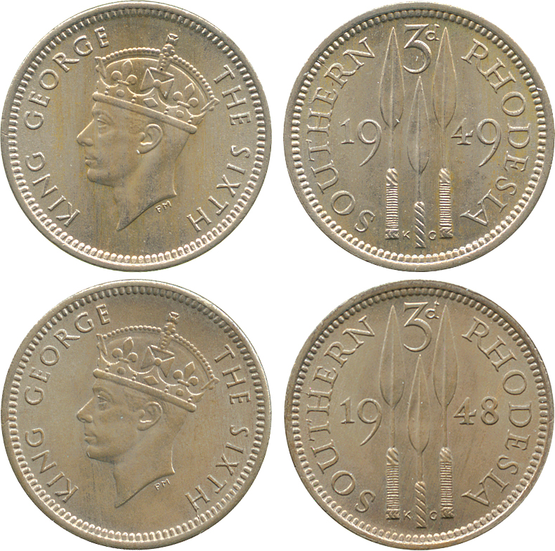 † AFRICA. Rhodesia. Southern Rhodesia. Cupro-nickel 3-Pence (3), 1948, 1949, 1951 (KM 20). About