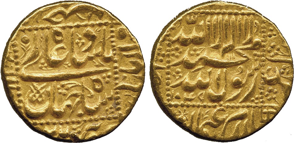 † Coins of India. Mughal. Shah Jahan I, Gold Mohur, Burhanpur, AH 1049, both sides within dotted