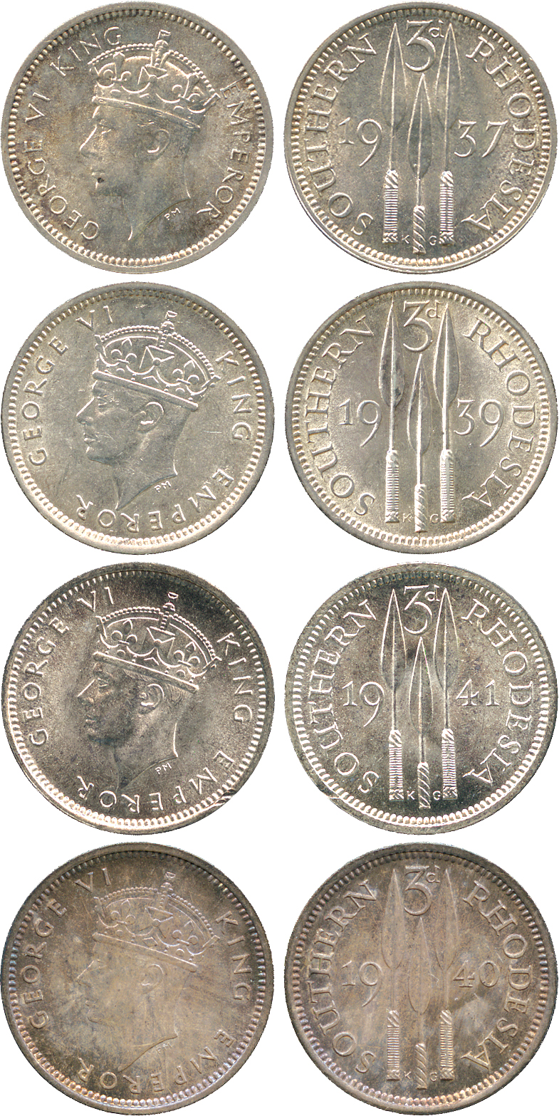 † AFRICA. Rhodesia. Southern Rhodesia. Silver 3-Pence (4), 1937, 1939, 1940, 1941 (KM 9, 16). Second