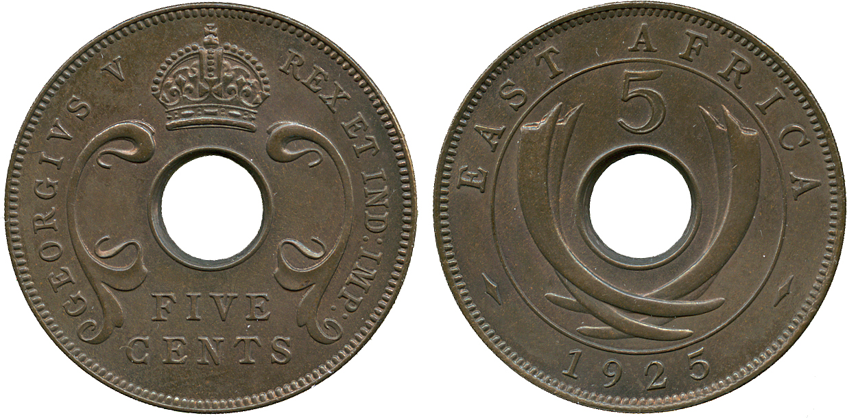 † AFRICA. East AFRICA. Bronze Specimen 5-Cents, 1925 (KM 18). A mishandled Specimen but clear that