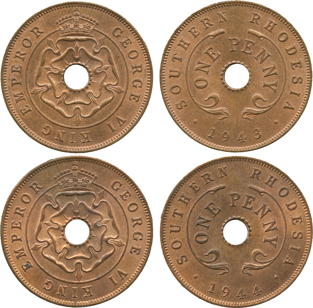 † AFRICA. Rhodesia. Southern Rhodesia. Bronze Pennies (2), 1943, 1944 (KM 8a, Brilliant
