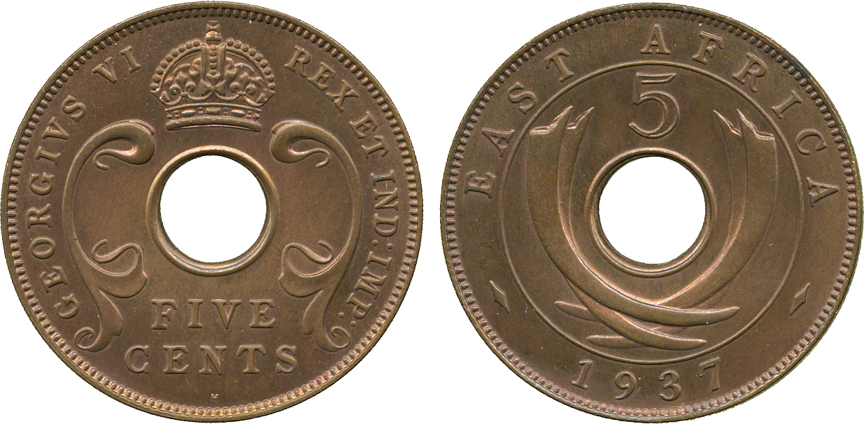 † AFRICA. East AFRICA. Bronze Specimen 5-Cents, 1937H (KM 25.1). Choice uncirculated, moderately