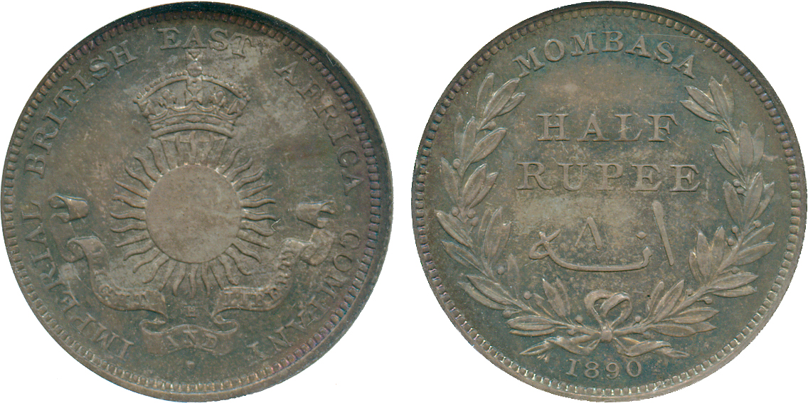 † AFRICA. East AFRICA. Mombasa. Imperial British East Africa Co, Silver ½-Rupee, 1890H (KM 4). In