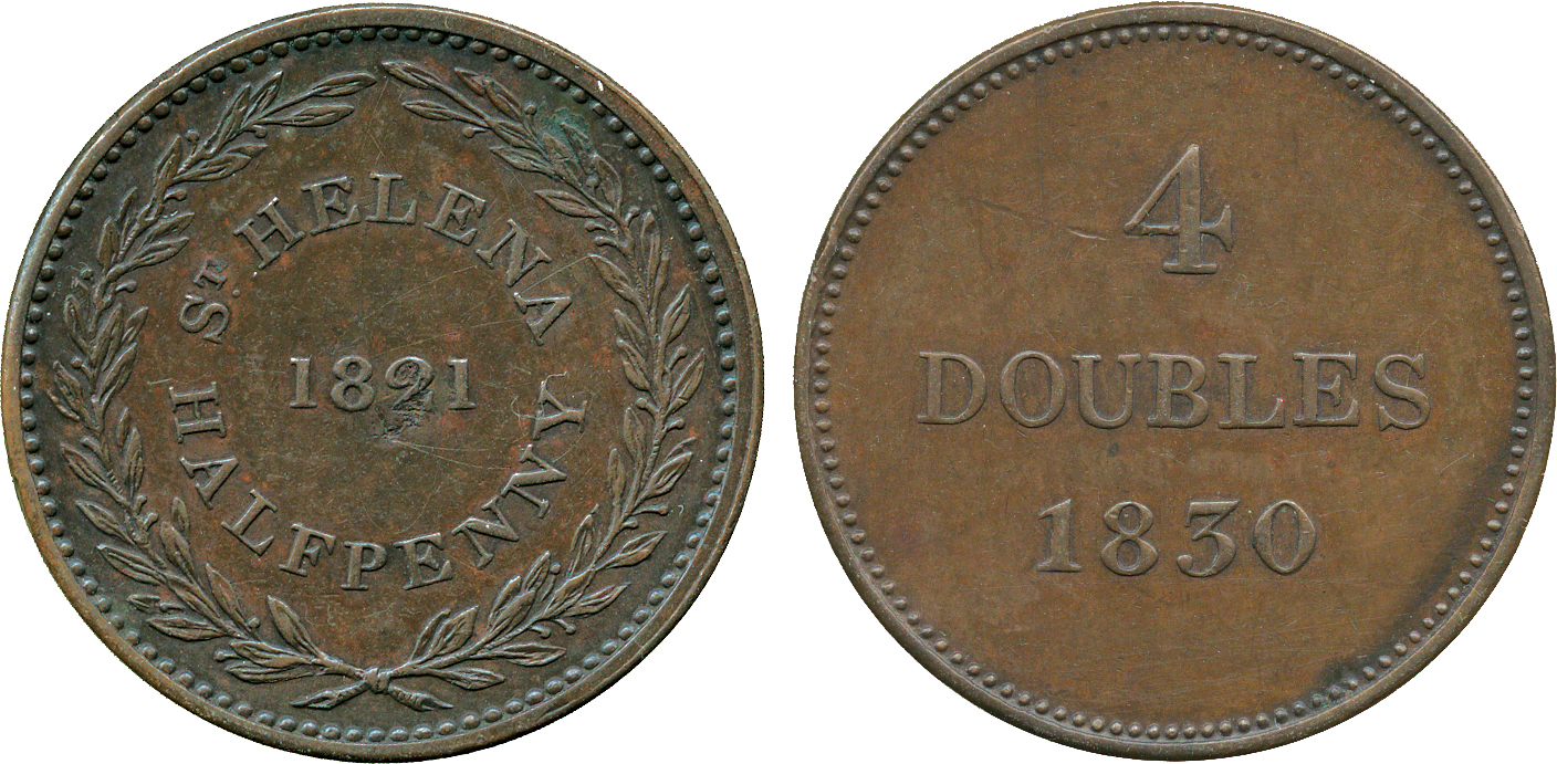 † AFRICA. St Helena. East India Company, Copper ½-Penny mule, 1821 reverse muled with a Guernsey 4-