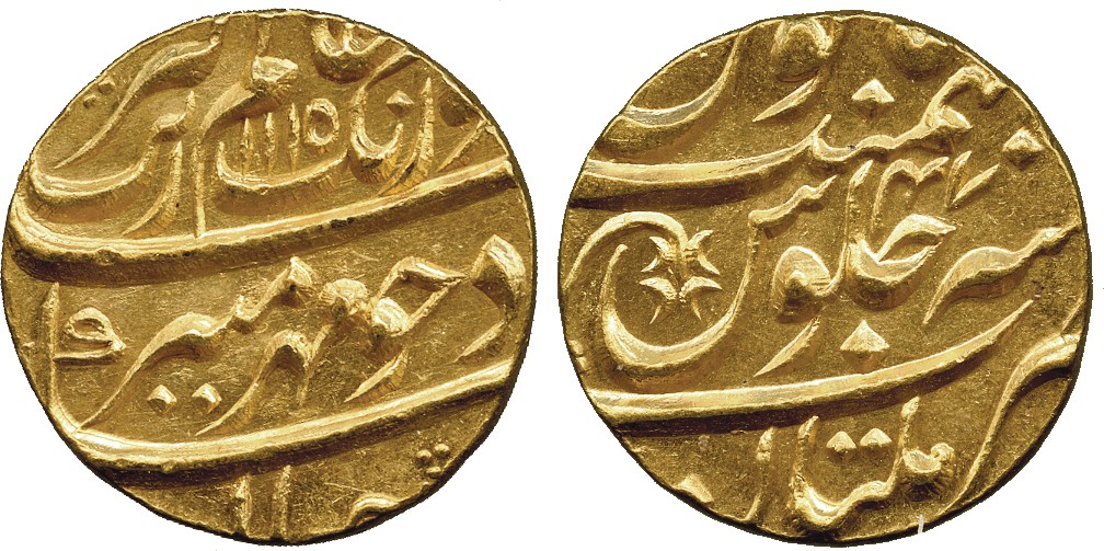 † Coins of India. Mughal. Aurangzeb, Gold Mohur, Multan, AH 1115 Year 47, 10.95g (KM 315.36).