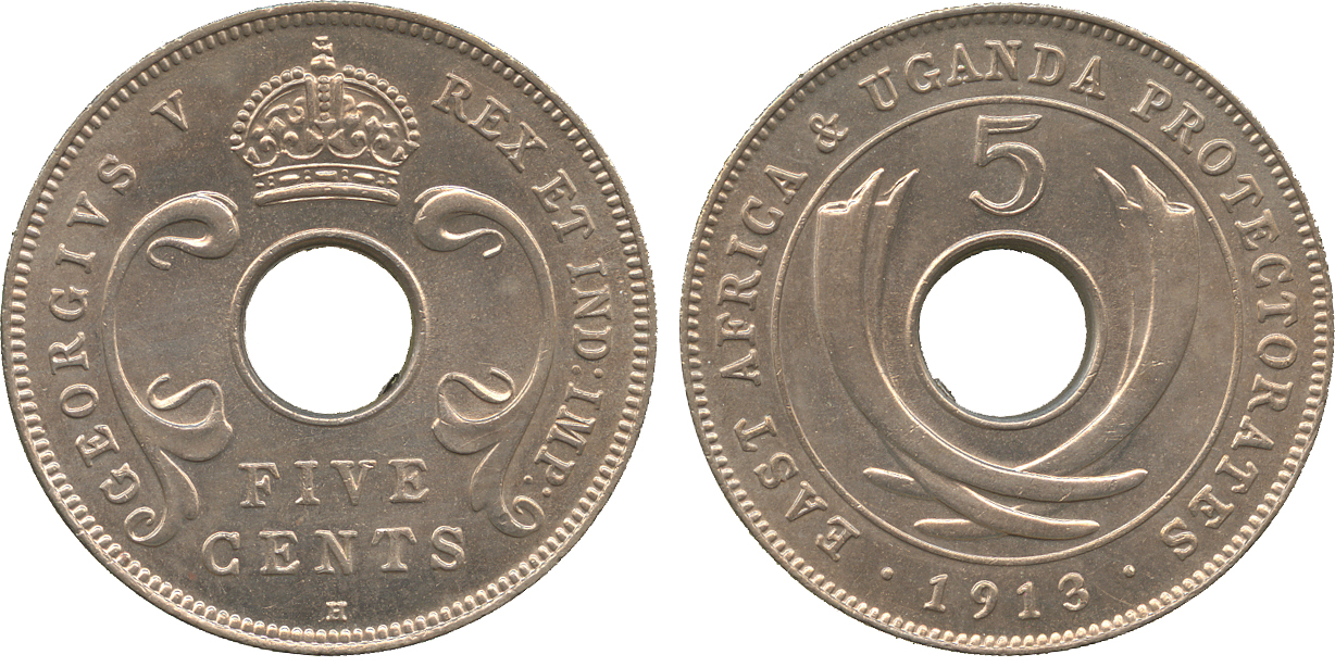 † AFRICA. East AFRICA. East Africa and Uganda Protectorates, George V, Cupro-nickel 5-Cents,
