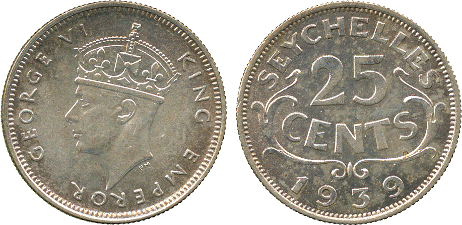 † AFRICA. Seychelles. George VI, Silver 25-Cents, 1939 (KM 2). Mint state.