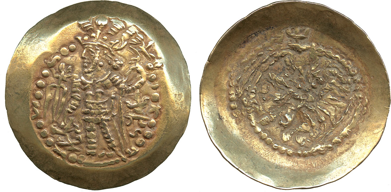 † Coins of India. Post-Gupta & Mediaeval. Kidarite Huns (c.390-400 AD), Scyphate Gold Dinar, king