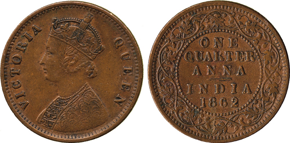 † Coins of India. British India. Copper ¼-Anna (16), 1862 (SW 4.162-4.172; KM 467). Generally
