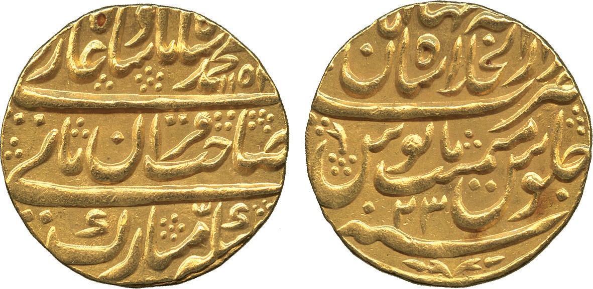 † Coins of India. Mughal. Muhammad Shah, Gold Mohur, Dar al-Khilafa Shahjahanabad, AH 115x Year