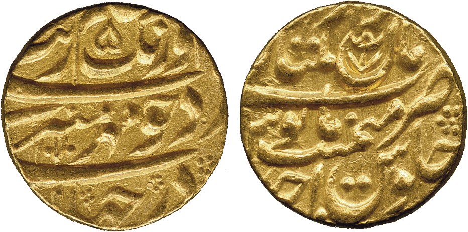 † Coins of India. Mughal. Aurangzeb (AH 1068-1118; 1548-1707 AD), Gold Mohur, Dar al-Aman Multan, AH