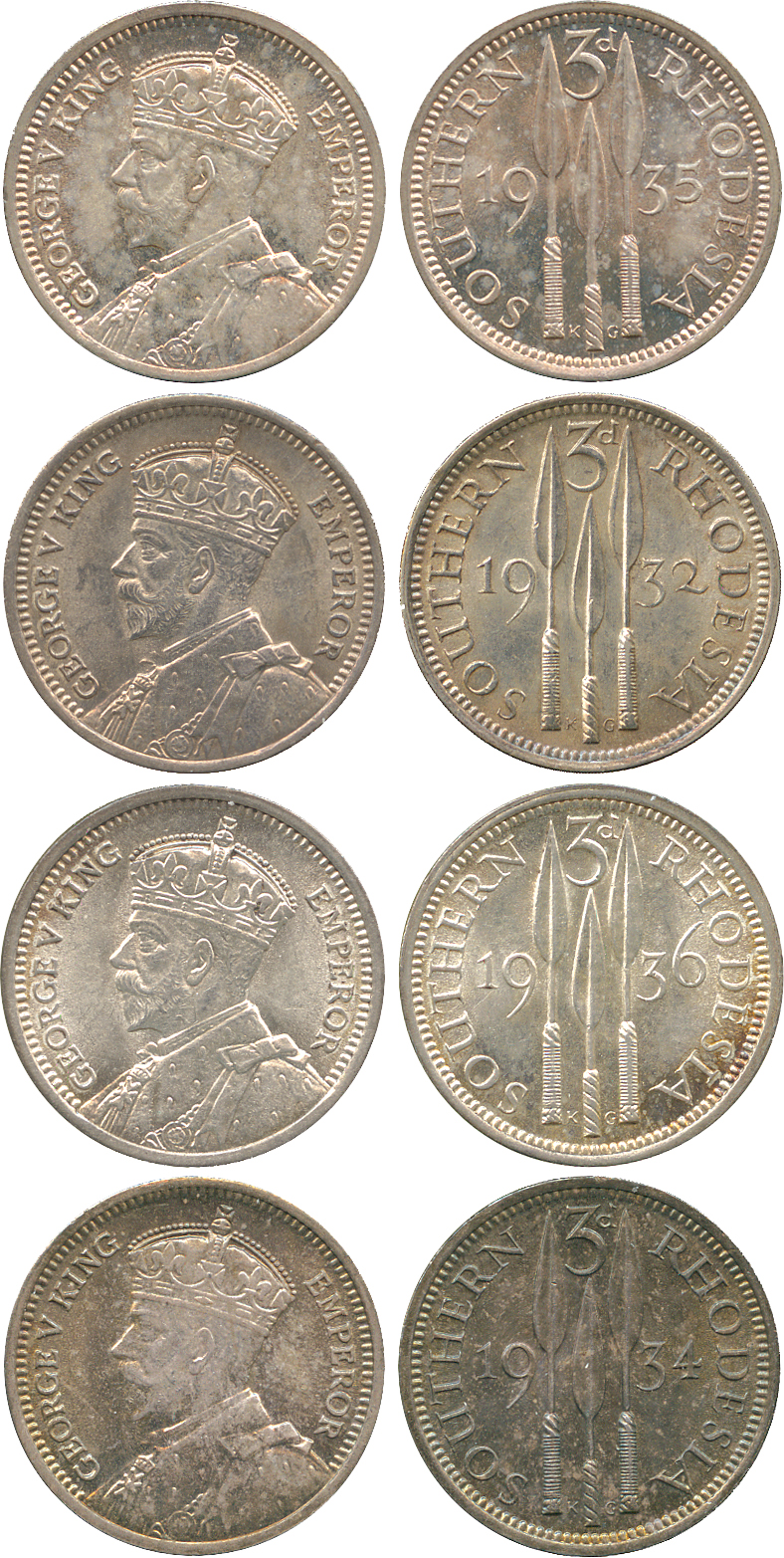 † AFRICA. Rhodesia. Southern Rhodesia. Silver 3-Pence (4), 1932, 1934, 1935, 1936 (KM 1).Generally