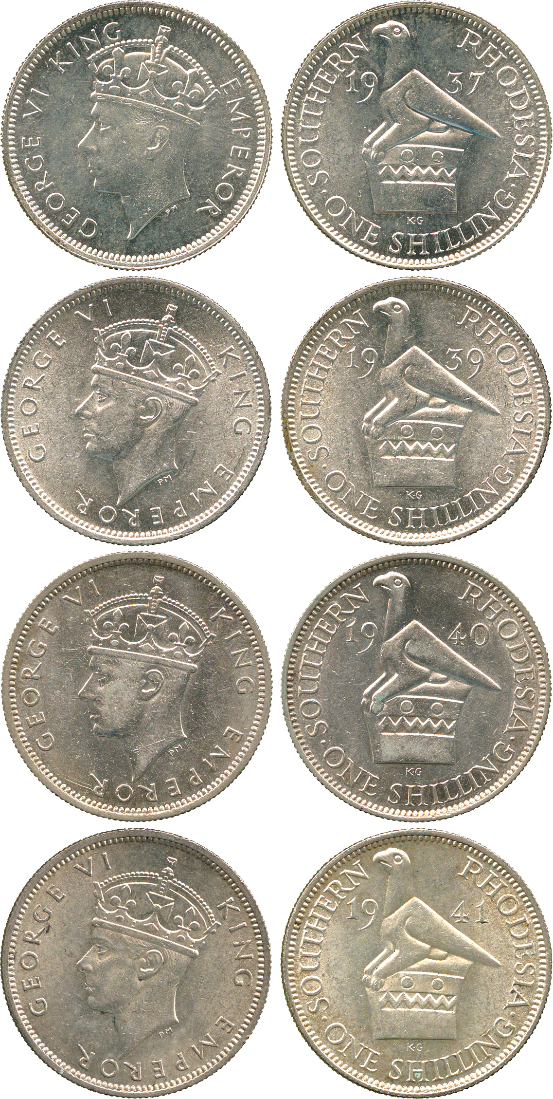 † AFRICA. Rhodesia. Southern Rhodesia. Silver Shillings (4), 1937, 1939, 1940, 1941 (KM 11, 18).