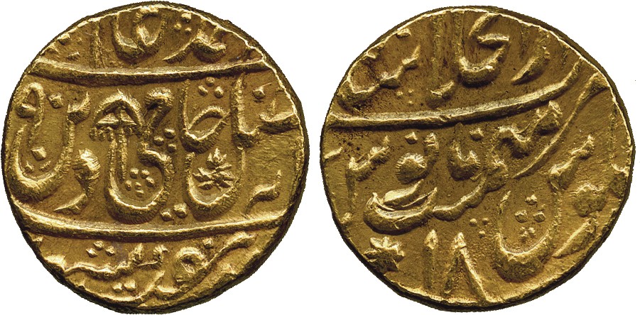 † Coins of India. Mughal. Shah ‘Alam II, Gold Mohur, Dar al-Khilafa Shahjahanabad, AH (11)90 Year