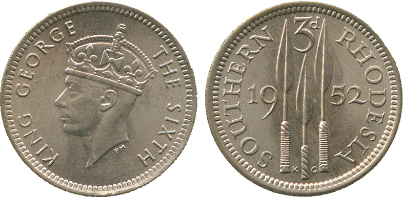 † AFRICA. Rhodesia. Southern Rhodesia. Cupro-nickel 3-Pence, 1952 (KM 20). Choice uncirculated. Part