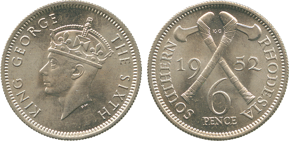 † AFRICA. Rhodesia. Southern Rhodesia. Cupro-nickel 6-Pence, 1952 (KM 21).Choice Brilliant