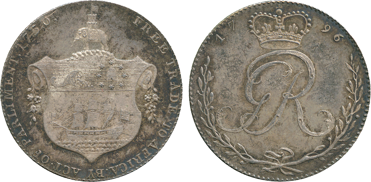 † AFRICA. Gold Coast. Silver ½-Ackey, 1796, PARLIMENT spelt without the second A (Vice 4; KM Tn4).