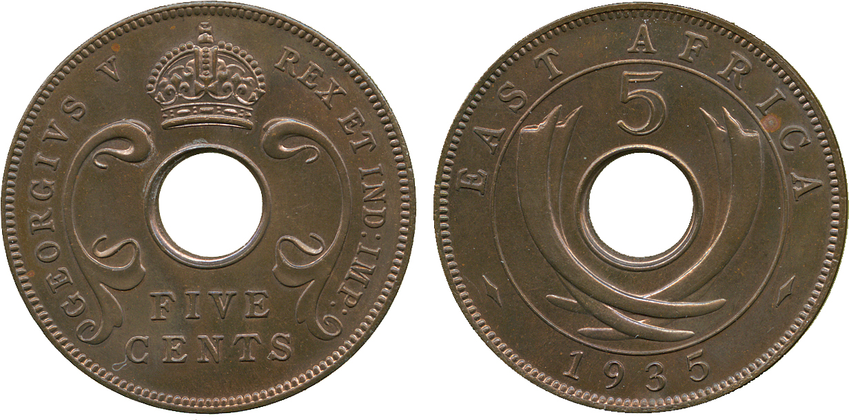 † AFRICA. East AFRICA. Bronze Proof 5-Cents, 1935 (KM 18). Choice uncirculated, moderately toned.