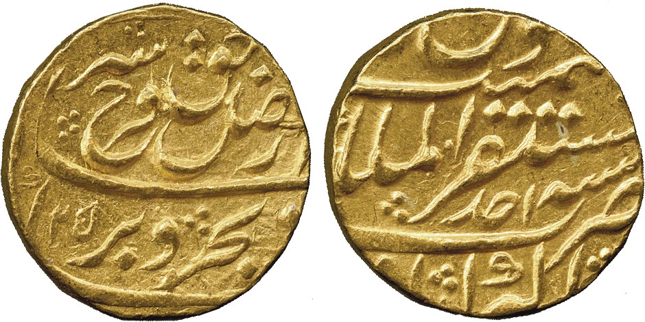 † Coins of India. Mughal. Farrukhsiyar (AH 1124-1131; 1713-1719 AD), Gold Mohur, Mustaqir al-Mulk