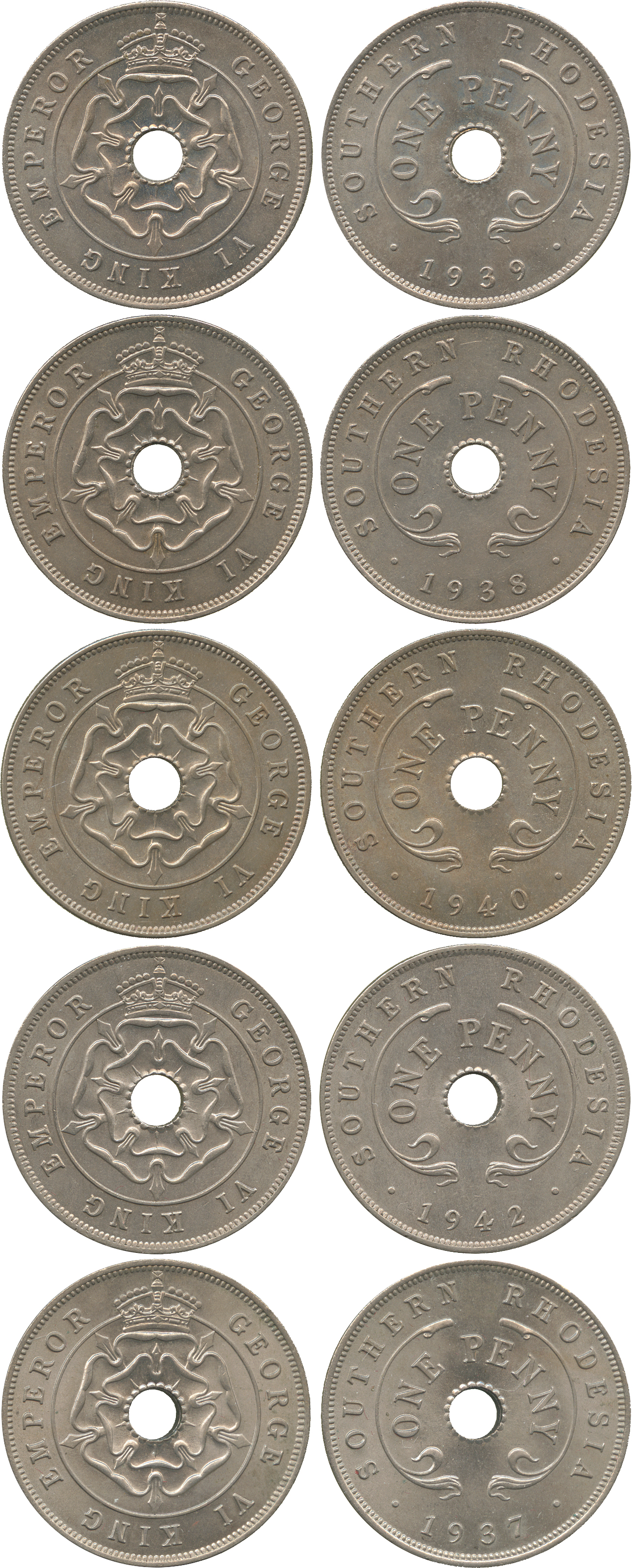 † AFRICA. Rhodesia. Southern Rhodesia. Cupro-nickel Pennies (6), 1937, 1938, 1939, 1940, 1941,