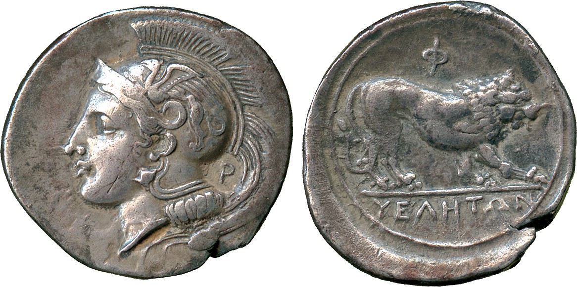 ANCIENT COINS. Greek. Lucania, Velia (c.340-334 BC), Silver Didrachm, head of Athena facing left,