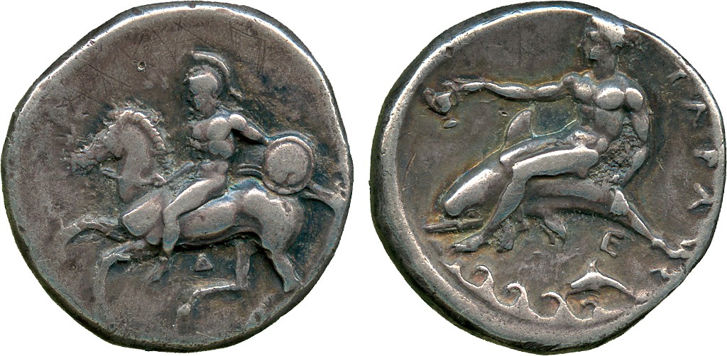 ANCIENT COINS. Greek. Calabria, Tarentum (c.355-340 BC), Silver Stater, naked horseman, wearing