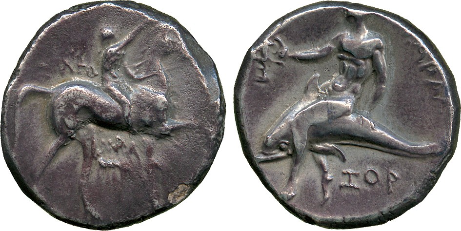 ANCIENT COINS. Greek. Calabria, Tarentum (c.302-280 BC), Silver Stater, naked rider right,