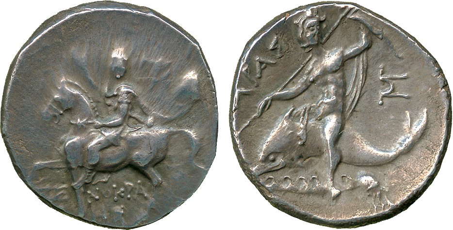 ANCIENT COINS. Greek. Calabria, Tarentum (c.240-228 BC), Silver Stater, rider, wearing a tunic and