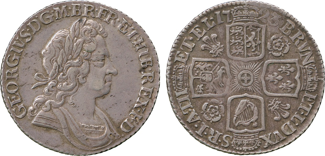 BRITISH COINS. George I, Silver Shilling, 1723, roses and plumes, second laureate and draped bust