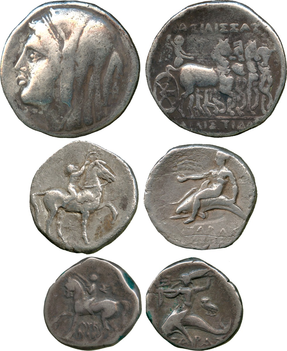 ANCIENT COINS. Greek. Calabria, Tarentum (3rd Century BC), Silver Staters (2), horseman, rev Taras