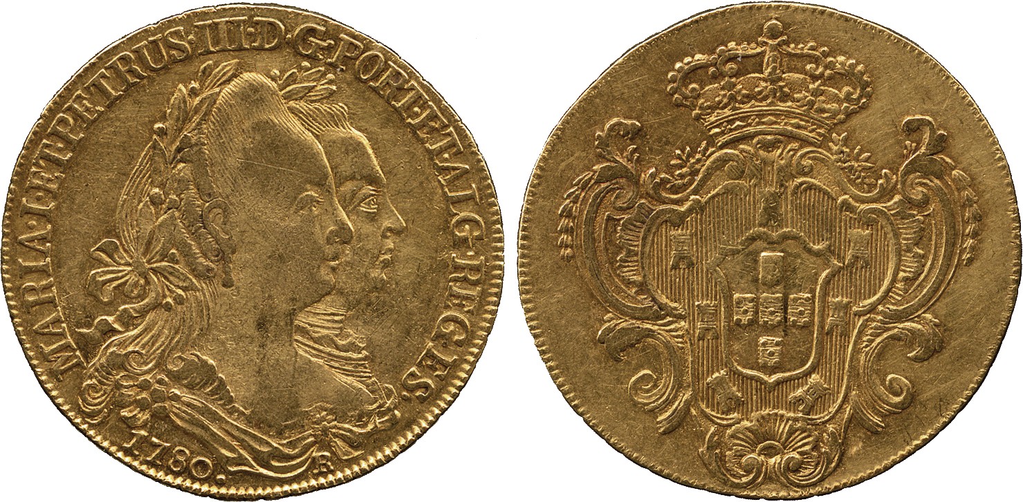 WORLD COINS. Brazil. Maria I & Pedro III (1777-1786), Gold 6400-Reis, 1780-R, Rio, 13.29g (Russo