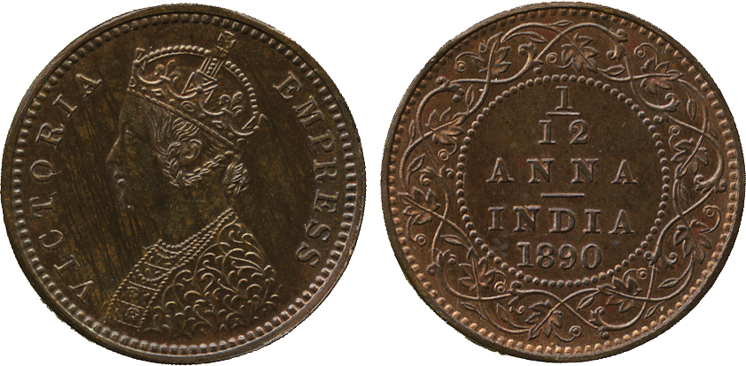 The David Fore Collection. Coins of British India. Copper Original Proof 1/12-Anna, 1890C, obv