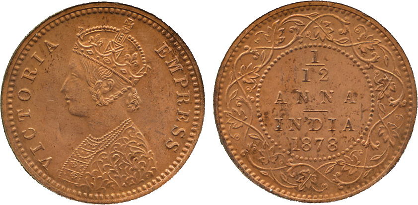 The David Fore Collection. Coins of British India. Copper Original Proof 1/12-Anna, 1878C, obv