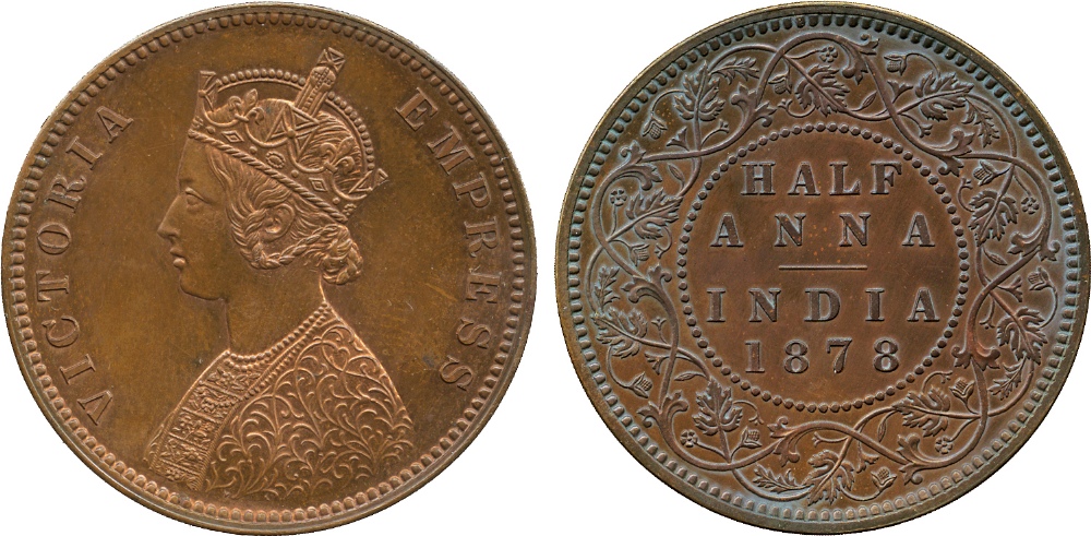 The David Fore Collection. Coins of British India. Copper Original Proof ½-Anna, 1878C, obverse C,
