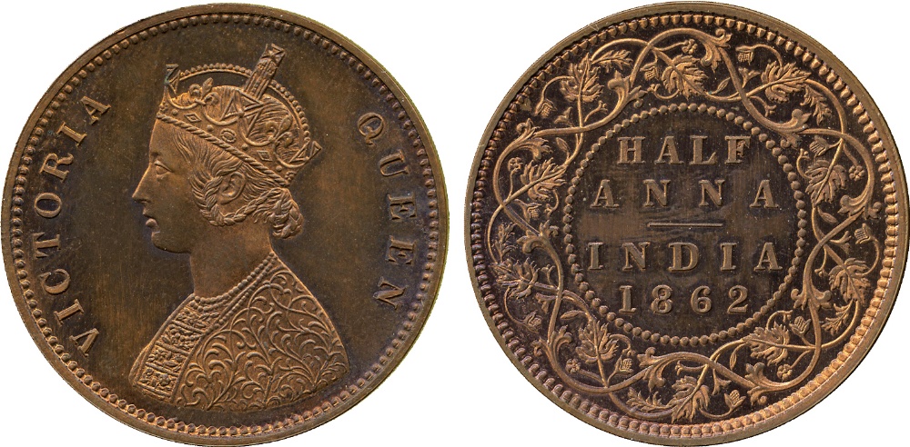 The David Fore Collection. Coins of British India. Copper Original Proof ½-Anna, 1862C, obverse B,