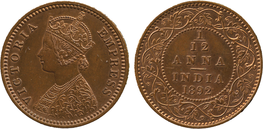 The David Fore Collection. Coins of British India. Copper Early Proof Restrike 1/12-Anna, 1892C, obv