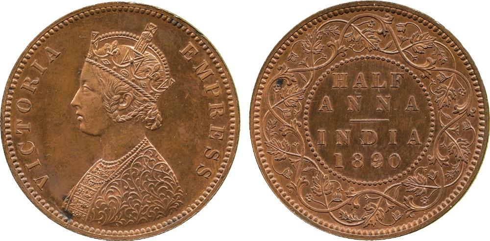 The David Fore Collection. Coins of British India. Copper Original Proof ½-Anna, 1890C, obverse C,