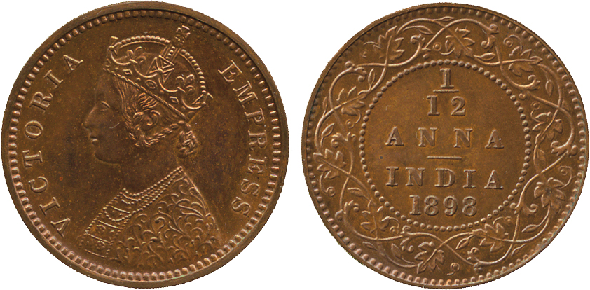 The David Fore Collection. Coins of British India. Copper Original Proof 1/12-Anna, 1898C, obv